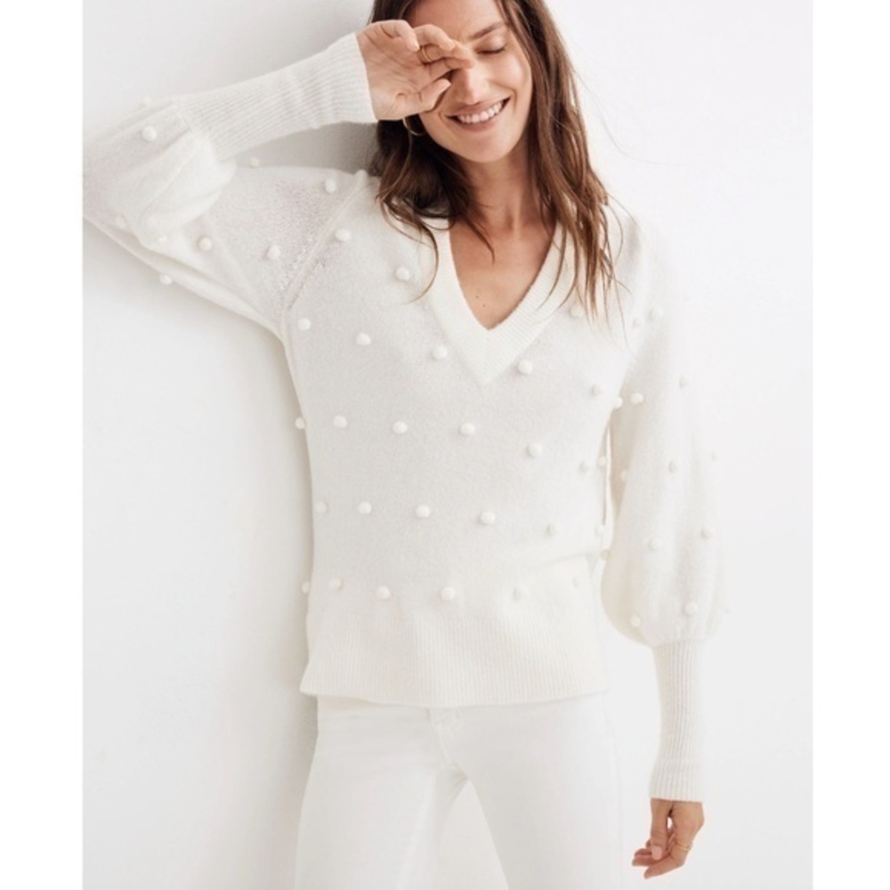 Madewell Bobble Dashwood V-Neck Sweater in Coziest Yarn in Bright Ivory Size XXS
